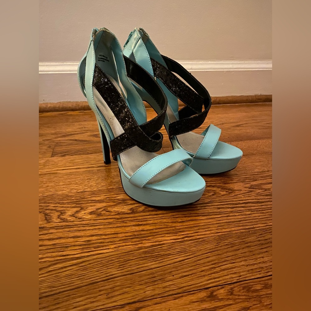Blue and black sparkly high heels